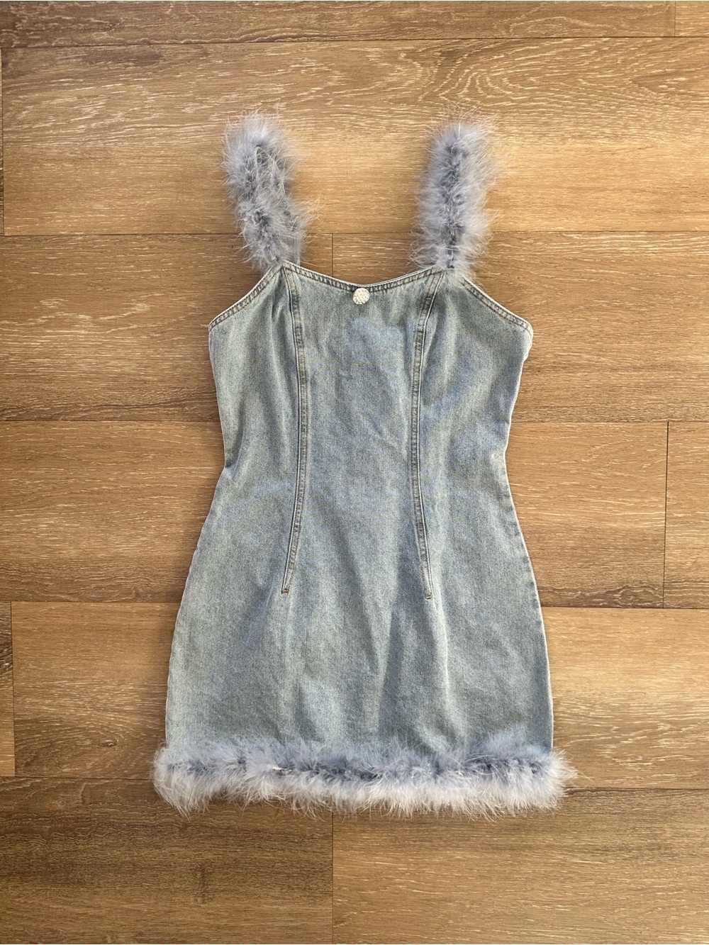 Women’s Light Blue Denim Dress with Faux Fur Trim